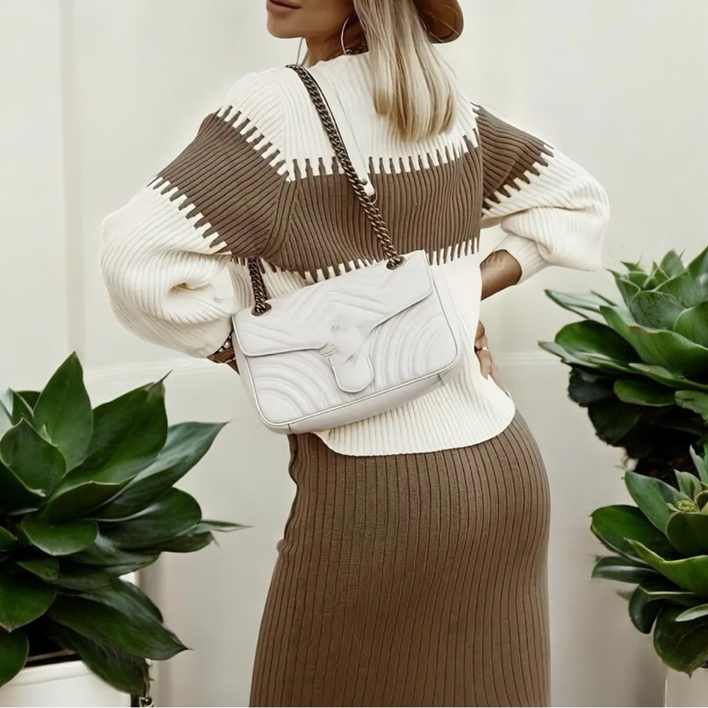 Sexy Brown & Cream Ribbed Sweater & Skirt Set, Pockets & Slits - Picture 2 of 6